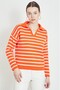 Women's Orange Oversize Polo Neck Striped Long Sleeve Knitwear Sweater Winter/Autumn - 4