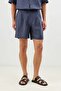 Navy Blue Linen Blend Striped Pleated Shorts - 5