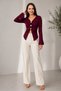 Women's Elegant Flower-Shaped Metal Button Detail Bluz with Gathered Detail