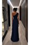 Navy Blue One-Shoulder Draped Long Evening Dress with Buckle Accessories 583423 - 4