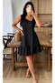 Women's Thick Strapped Asymmetrical Collar Crinkle Dress with Ruffle Detail at the Hem - 3