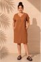 Women's Plus Size V-Neck Aerobin Linen Midi Dress with Folded Sleeves and Necklace (Not Stretchy) - 4