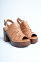 Women's Genuine Leather Platform Heeled Sandals - Tan - 4