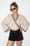 Women's Beige Black Embroidered Lace-Up Detailed Wide Sleeve Muslin Kimono Blouse 7014 60283386 - 3