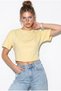 Women's Yellow Crew Neck Corsage Crop Blouse with Stitching Detail Öb261040 60286436