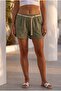 Khaki Pocketless Lined Embroidered Belted Casual Cotton Woven Shorts 38 56