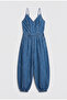 Women's Blue 1S6-4 Special Design Loose Cut Halter Neck Salopet Jumpsuit - 2