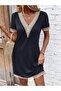 Women's Short Sleeve V Lace Collar Viscose Short Dress - 4