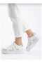 Women's White Thick Sole Casual Sneaker Sports Shoes – Silver Detailed Lace-Up Casual Model