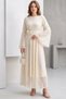Ecru Lace Flounce Sleeve Evening Dress - Stylish Dress with Belt - 5