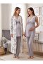 New Season Gray Patterned Wide Strap Lace Detailed Summer Special Design 100% Cotton Maternity Long Dressing Gown Pajama Set - 2