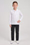 Boys' White Long Sleeve Polo Collar T-Shirt Black Ribbed Waist Canvas School Pants Bottom Top Set School Outfit - 2
