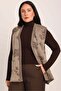 Women's Sand Brown Floral Patterned Pocketed Buttoned Knitted Mother's Vest - 2