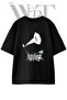 Gramophone Stump Bird Design Printed Unisex Black Oversize T-Shirt