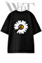 Daisy Peace Sign Design Printed Unisex Black Oversize T-Shirt