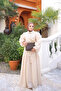 Beige Balloon Sleeve Belted Striped Dress - 2