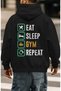 Eat Sleep Gym Repeat Fitness Gym Bodybuilding Athlete Back Printed Unisex Oversize Combed Cotton Hoodie