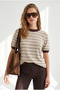Women's Beige Brown Stripe Openwork Color Detailed Knitwear Blouse Blz-19003437