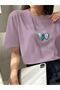 Women's Lilac Double Heart Printed Oversize T-Shirt