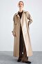 Long Leather Trench Coat with Epaulet and Cape Detail, Snap Closure, Stone 6877 - 3