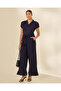 Women Navy Plain Ladder Lace Detailed Wide Leg Trousers - 2