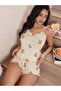 Women's Beige Teddy Bear Patterned Knitted Summer Shorts Set 5199 - 3