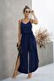 Women's Rope Strap V-Neck Long Aerobin Jumpsuit with Waist Belt and Side Slits - 3