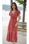 Women Short Sleeve Double Breasted Lapel Elastic Waist Floral Print Dress - 5
