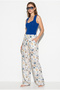 Women's White Blue Ocean Breeze Pattern Studded Scarf Accessory Elastic Waist Linen Trousers 5067 60286440 - 3