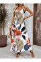 Women's Patterned Single Jersey Dress with Wide V-Neck and Rope Strap - 3