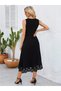 Women's Black Sleeveless Hem Laser Cut Floral Patterned Midi Length Janjan Crepe Dress - 4