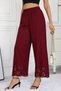 Women's Burgundy High Waist Elastic Waistband Floral Patterned Laser Cut Detailed Imported Crepe Trousers - 2