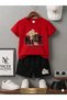 Summer Children's T-Shirt Shorts Unisex (Black with Nice Bear Print)