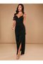 Women's Rope Strap Deep V-Neck Slit Long Janjan Crepe Dress - 4