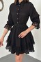 Women's Black Mini Shirt Collar Buttoned Belted Lace Detailed Flared Dress - 4
