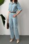 Women's Snow Wash Denim Jumpsuit Shirt Collar Buttoned Short Sleeve Wide Leg with Pockets - 4
