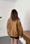 Women's Camel Bomber Jacket with Zipper Flap Pockets, Paneled Ribbed Long Sleeves, Regular Length - 5