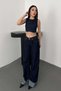 Women's Blue Denim Crop Blouse Round Neck Sleeveless Chain Detailed Zipper - 3