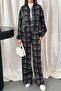 Women's Black Top and Bottom Set Plaid Zipper Bomber Jacket Wide Leg Pants - 4