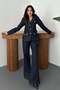 Women's Blue Jacket Pants Set with Gold Buttons Wide Leg Denim with Pockets