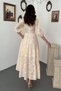 Women's Beige Dress Embroidered Square Collar Buttoned Balloon Sleeve Lined Maxi - 5