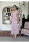 Women's Pink Polka Dot Chiffon Midi Dress V-Neck Balloon Sleeves with Folded Flounces - 8