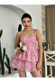 Women's Rose Pattern Pink Mini Dress Thin Straps Rose Pattern Layered Skirt Poplin Evening Dress - 5