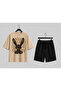 Beautiful Printed Beige T-Shirt and Black Shorts Set, Loose and Comfortable, Plus Size. - 5