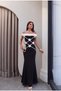 Carmen Collar Flower Detailed Black and White Fish Evening Dress Wedding Dress