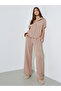 Khaki Textured short Sleeves Shirt and Wide Leg Trousers Set - 3