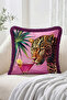 Fringed Throw Pillow Cover with Leopard Figure, Tropical Leaf and Cocktail Detail - Modern Decorative Pillow Cover