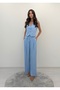 Noble Posture Buttoned Vest Belted Wide-Leg Ice Blue Trousers Set - 5