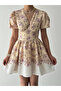 Women's Beige Mini Dress Floral Patterned V-Neck Balloon Sleeves Shirred Poplin - 2