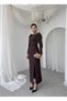 Women's Brown Midi Dress with Crew Neck, Bow Detail on the Shoulder and Slit - 5